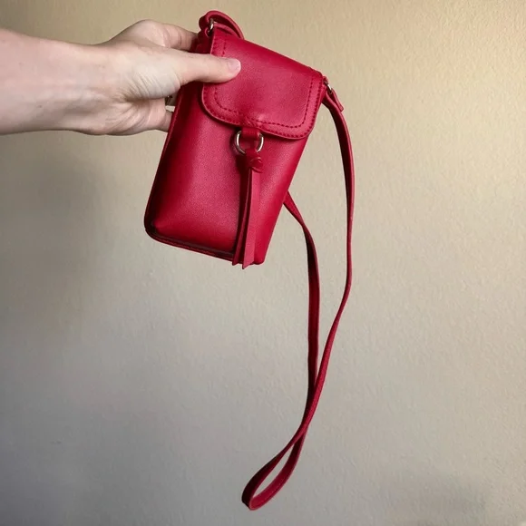 Red Crossbody Structured Rectangle Purse Bag Faux Leather Gold - Picture 1 of 10